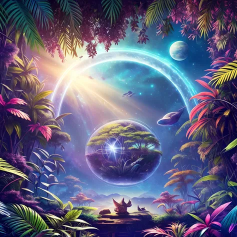 finest image, detailed and delicate depiction, space jungle fantasy, Jungle creatures Ive never seen before are listening to me, iridescent magic circle, background galaxy, planet, professional lighting