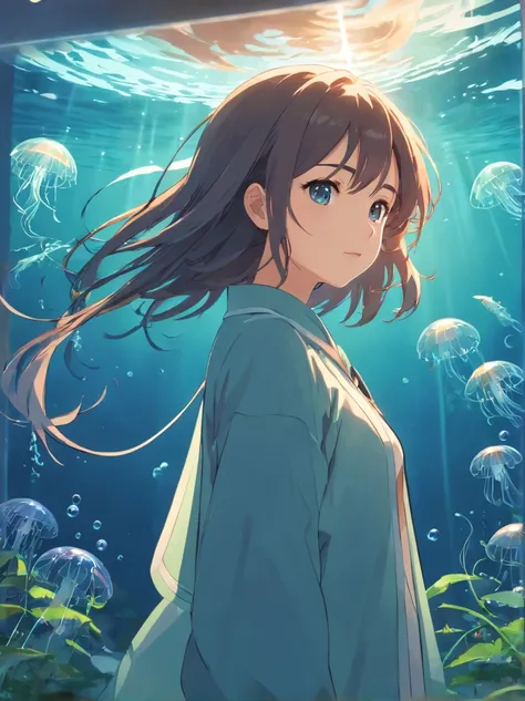 ((masterpiece,best quality)),(negative space:1.2),(1girl, solo:1.4),beautiful detailed eyes,floating hair, underwater, bubble, fish, (jellyfish), fluorescence,sea turtle, seaweed,