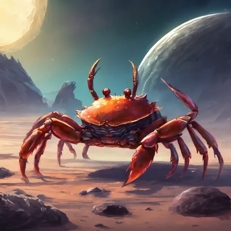 Crab Monster, forceful, Colossal, Crustacean, Drifting in outer space, Theme colors are iridescent, Shaped like fiddler crab