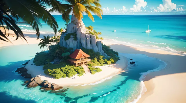 In the sea, a single island, Mermaid Island,beautiful detailed sand,crystal clear waters,breathtaking sunset,serene atmosphere,tropical plants and palm trees, vibrant coral reef, shimmering scales, long flowing hair, enchanting sea creatures, colorful seas...