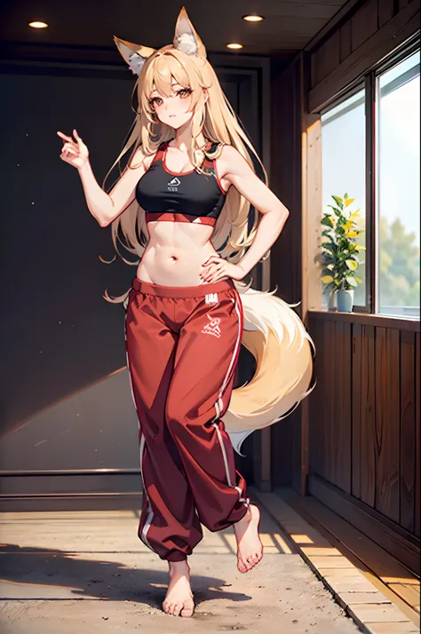 ((fox girl)), ((full body)), ((standing pose)), ((sports bra)), ((very long and wide belly dance harem pants)), ((bare feet)), (...