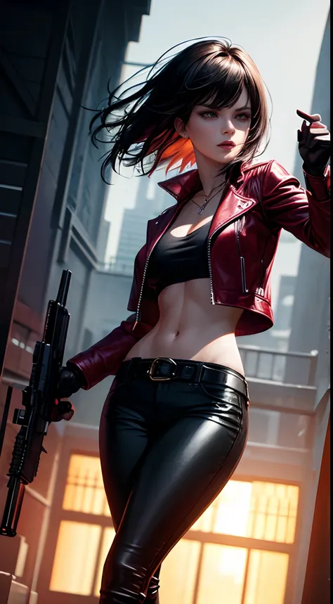 a beautiful 25 years old British female vampire mercenary with short black hair, pale skin, wearing red leather jacket and black tight pants, holding dual handguns, view from front, waist up shot, dynamic pose, ambient lighting, photo realism, intricate fa...