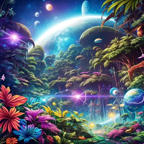 finest image, detailed and delicate depiction, space jungle fantasy, Jungle creatures Ive never seen before are listening to me, iridescent magic circle, background galaxy, planet, professional lighting