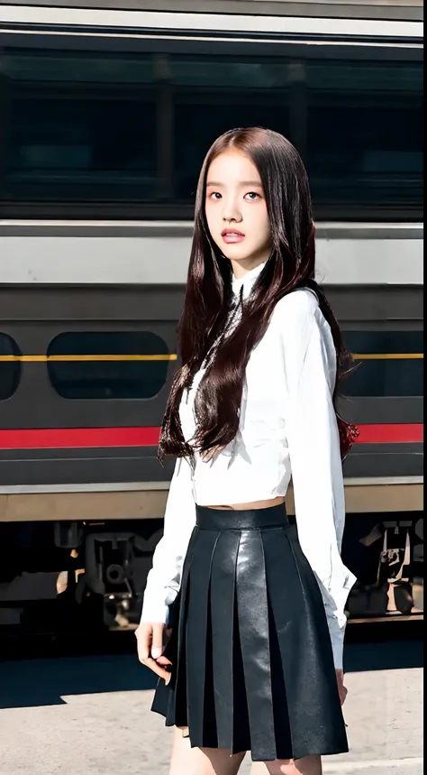 ((Blackpink Jisoo as a 14 year old pre-teen girl)), long blouse, tiny pleated skirt, waist-high black tights, high heels, full body photo, very fair skin, shaved hair, busy train car, photorealistic, indirect lighting, volumetric light, ray tracing, hyperd...