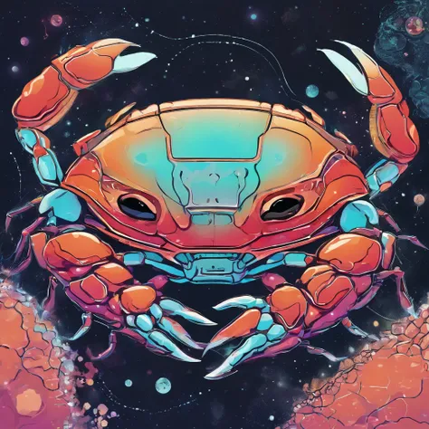 Crab Monster, forceful, Colossal, Crustacean, Drifting in outer space, Theme colors are iridescent, Shaped like fiddler crab, Lobster-like claws