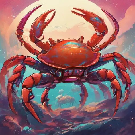 Crab Monster, forceful, Colossal, Crustacean, Drifting in outer space, Theme colors are iridescent, Shaped like fiddler crab, Lobster-like claws