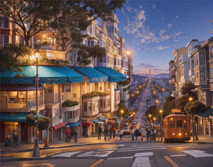 arafly view of a city street with a trolley going down it, san francisco, photorealistic streetscape, by Brian Thomas, by Jason Benjamin, city street at dusk, inspired by Evgeny Lushpin, by John La Gatta, photograph of san francisco, market street, by Dan ...