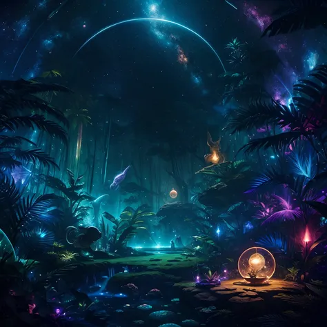 finest image, detailed and delicate depiction, space jungle fantasy, Jungle creatures Ive never seen before are listening to me, iridescent magic circle, background galaxy, planet, professional lighting