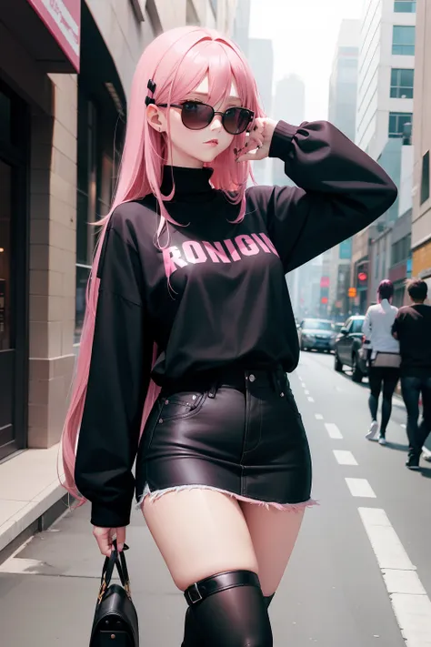 Leader of Runaway Bad Girl, Long Black Jumper, a cool、Skin Jean Miniskirt, Semi-long pink hair, Looking at the viewer, Front view,