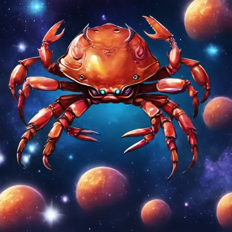 Crab Monster, forceful, Colossal, Crustacean, Drifting in outer space, Theme colors are iridescent, Shaped like fiddler crab, Lobster-like claws