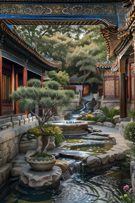 lakeside, ((waterfallr)), chinese mansion, small rivers, western-style garden, decorated with flowers,detail-rich, a fusion of c...