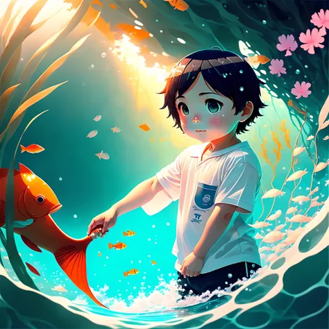 Anime girl with Fish in Water, Ross Tran Style, Makoto Shinkai Cyril Rolando, Inoue Akihiko and Ross Tran, Ross Tran and Studio Ghibli, Inspired by Ross Tran, (Ghibli: 1.2), (Makoto Shinkai style picture: 1.2), (Ross Tlan style picture: 1.2), (Art of irreg...