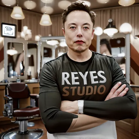 Generates a digital image of Elon Musk in a confident pose, with his arms crossed, wearing a black t-shirt with the inscription “REYES STUDIO” on the chest. The background of the scene must represent an authentic barbershop, with characteristic elements su...