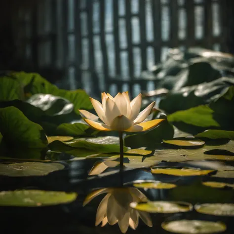 Lotus leaf, lotuses, Eau, zen feeling, （Chinese Courtyard 1.5）, rays of sunshine, （The sun shines on the lotus）, partially underwater shot, symmetry, polar opposites, close-up, Romanticism, Op art, Contemporary art, Luminism, cinematic lighting, sparkle, g...