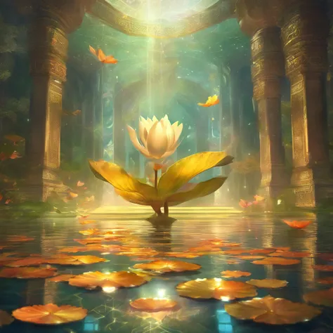 Lotus leaf, lotuses, Eau, zen feeling, （Chinese Courtyard 1.5）, rays of sunshine, （The sun shines on the lotus）, partially underwater shot, symmetry, polar opposites, close-up, Romanticism, Op art, Contemporary art, Luminism, cinematic lighting, sparkle, g...