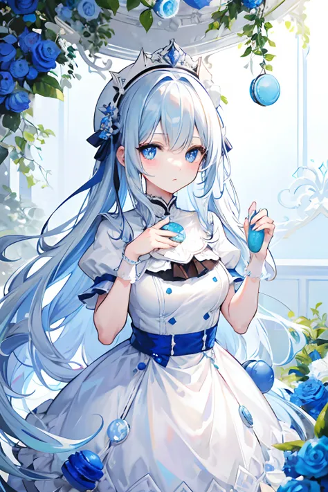 blue color eyes，long  white hair，icecream，Cream cake，macaron，blue berry，the fruits