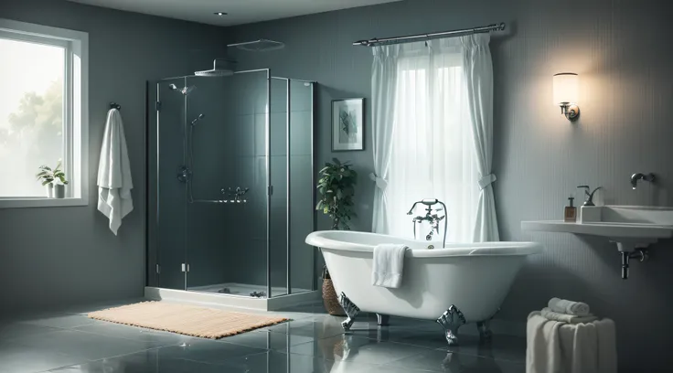 (bathroom) (dark cloud) (raining) (water accumulation) (moisture) (wet floor) [damp walls] (dripping water) (light reflection) (showerhead) (shower curtain) (sink) (mirror) (toilet) [green plants] (towel rack) (bathrobe hanging) (soap dish) (shampoo bottle...