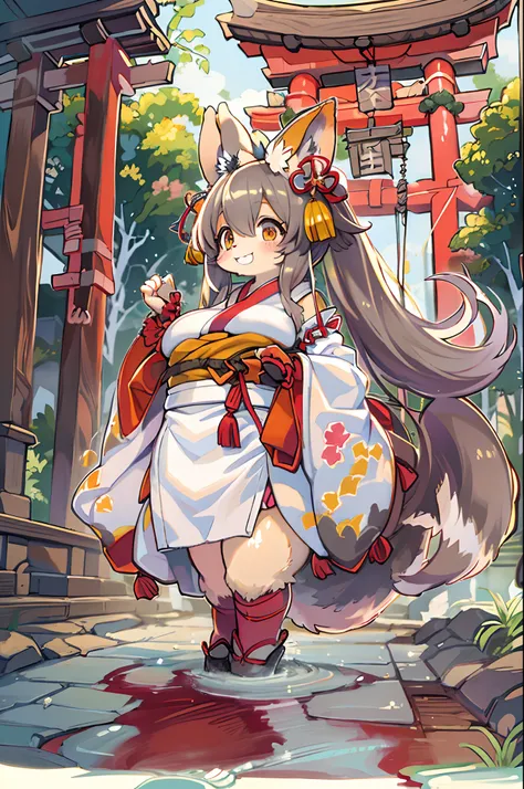 Fox Woman、body covered with fur、huge-breasted、kawaii、shrine maiden、Japan white clothes,Red Hakama、torii gate,summer day、From below、Wide Shot、A big smile、bbw、thick thight、big butts、Ultramammy,chibi,Nanachi