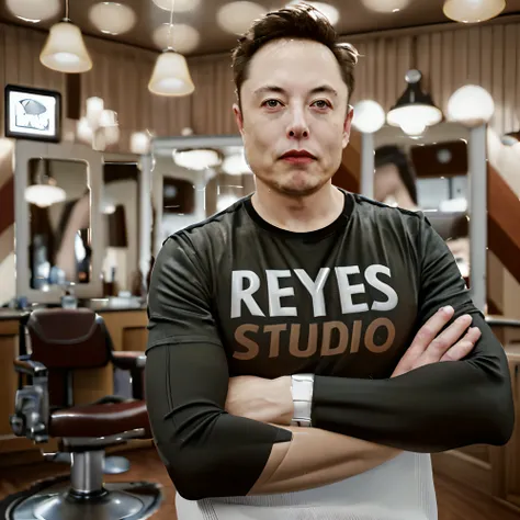 Generates a digital image of Elon Musk in a confident pose, with his arms crossed, wearing a black t-shirt with the inscription “REYES STUDIO” on the chest. The background of the scene must represent an authentic barbershop, with characteristic elements su...