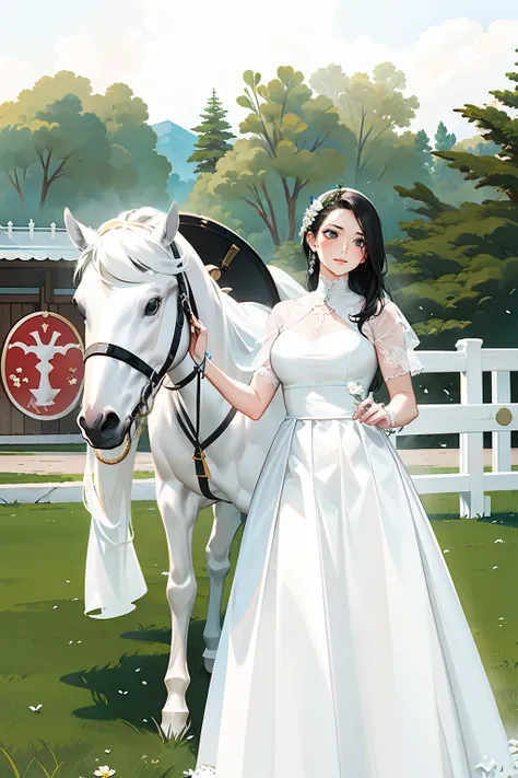 Bride on the grass，The bride wears a white dress，an all white horse