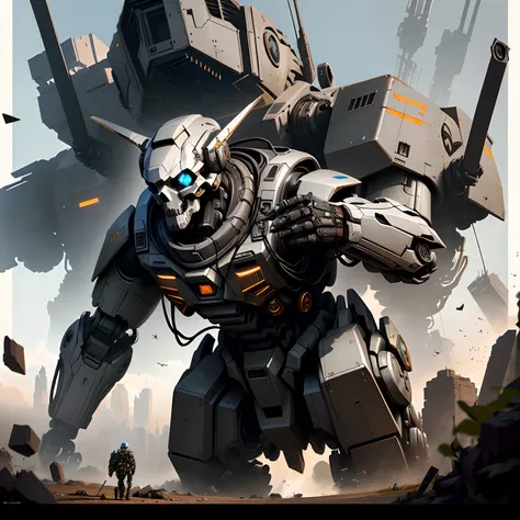 There is a robot that is standing in front of a giant robot, Wojtek FUS, Estilo Craig Mullins, Craig Mullins Greg Rutkowski, alexandre ferra mecha, Soldados e Mech lutam, Craig Mullins Nekro, inspirado em Craig Mullins, Directed by: Craig Mullins, Arte Mec...