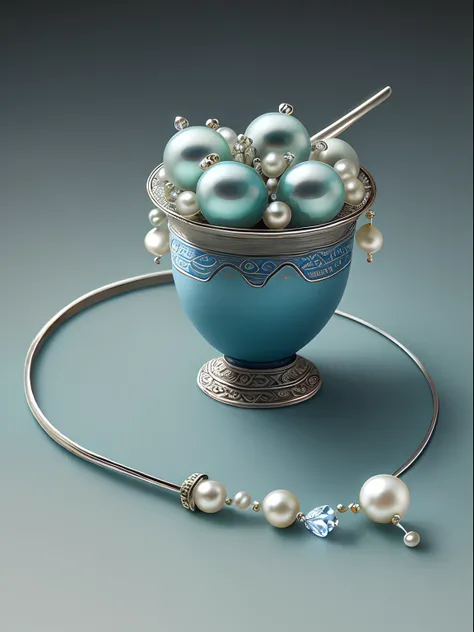 Top jewelry photography, Silver classical Chinese long-handled hairpin, Pearls and tassels, Place on a simple and clean table, With sapphire green and blue style as background, pastelcolor,Interesting and simple composition, products shot, Best image quali...