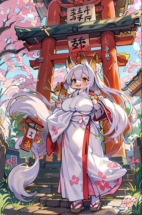 Fox Woman、body covered with fur、huge-breasted、kawaii、shrine maiden、Japan white clothes,Red Hakama、torii gate,summer day、From below、Wide Shot、A big smile、bbw、thick thight、big butts、Ultramammy,Chibi,Nanachi