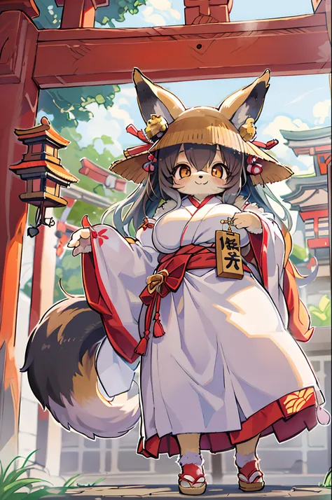 Fox Woman、body covered with fur、huge-breasted、kawaii、shrine maiden、Japan white clothes,Red Hakama、torii gate,summer day、From below、Wide Shot、A big smile、bbw、thick thight、big butts、Ultramammy,Chibi,Nanachi