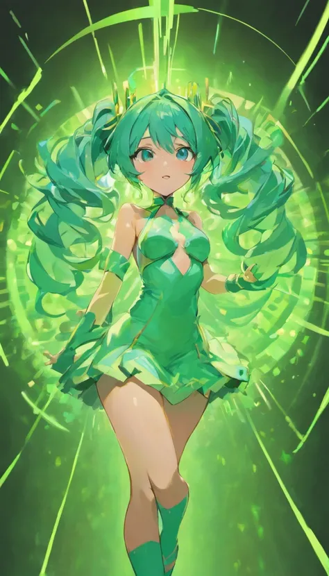 1girll，Big breasts Hatsune Miku，hatsune，miku，orthofacial，frontage，Arms spread wide，（（full bodyesbian）），（（（The light from the back window is backlighted）））Nice face，Blue-green pupils，blue green hair，dual horsetail，Stage effects，Shiny sequins，Kind special ef...