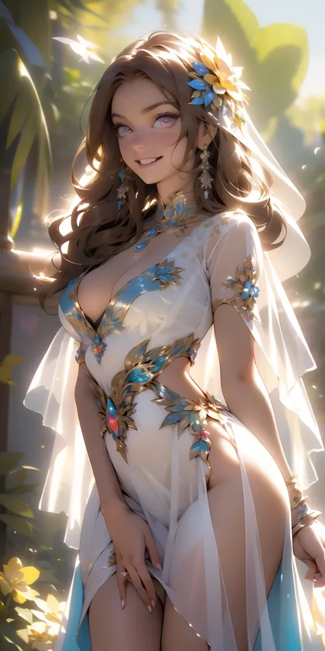 Maximum resolution 4k, (8k), beautiful woman, Princesa de las flores, Reina de las flores, cheerful expression, hermosos ojos de colores, beautiful exotic figure, vestido transparente movido por las mariposas del viento en el aire, Dream Field Fund, Luz de...