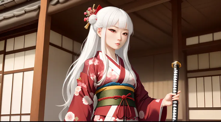 Female, long pure white hair, ruby red eyes, traditional japanese princess kimono, has a katana