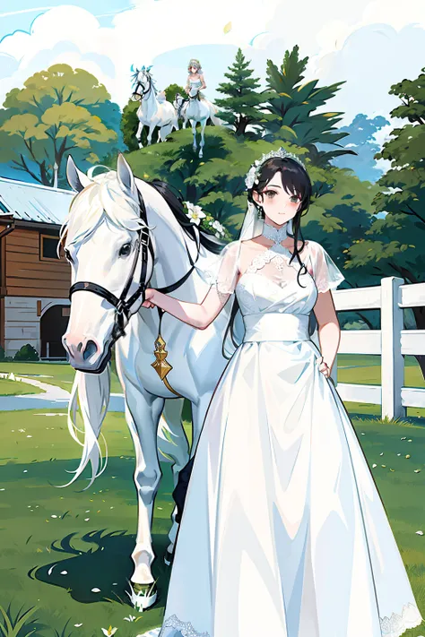 Bride on the grass，The bride wears a white dress，an all white horse