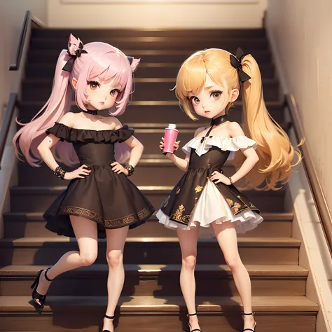 (chibi anime:1.3),(Best Quality) (Master Price)、Sauvage Hair、(Brown Jasper Pattern Off Shoulder Dress：1.4）、Put one hand on your hip、Stand with your legs open、high-heels、Shoulder bag、long stairs、a small face)