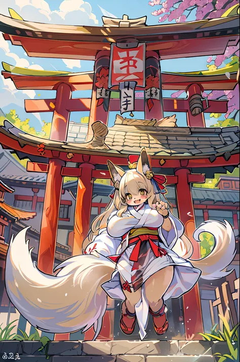 Fox Woman、body covered with fur、huge-breasted、kawaii、shrine maiden、Japan white clothes,Red Hakama、torii gate,summer day、From below、Wide Shot、A big smile、bbw、thick thight、big butts、Ultramammy,Chibi,Nanachi