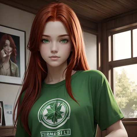 (best quality,highres),red-haired teenager,realistic art style, inspired by a green team shirt