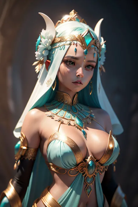 a stunning photograph of an alien goddess, ivory headdress, teal gem stones, 3d render, octane render, intricately detailed, filigree decorative headdress, cinematic