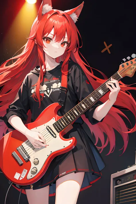 Red long-haired，Red fox ears，idoly，stage，electric guitar