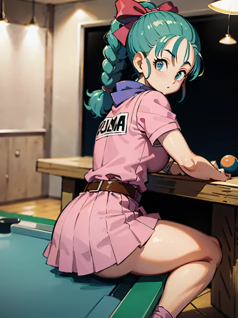 masterpiece, best quality, high resolution, dragon ball, blmpony, aqua hair, hair ribbon, braided ponytail, pink shirt, belt, scarf, pink skirt, clothes writing, brown gloves, medium breasts, in back pose, playing pool table, leaning on the pool table with...