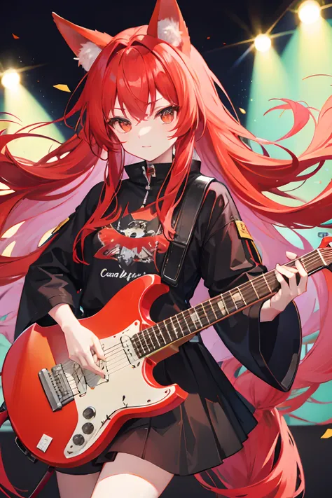 Red long-haired，Red fox ears，idoly，stage，electric guitar