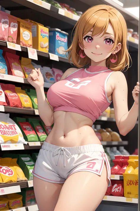 koizumi_hanayo,pink crop top, white tight shorts,sweaty,red face,blunt hair,curvy body, standing in supermarket , exposed armpit...