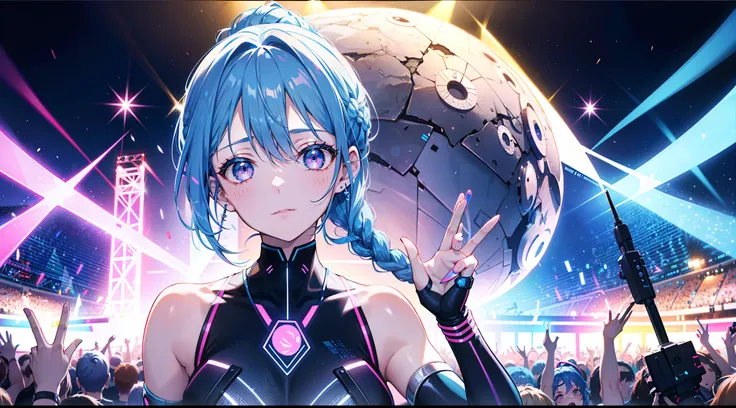 Blue hair, braided ponytail,Pink eyes, Fair skin,Dynamic Angle,Front shot, Right side, very detailed beautiful face and eyes, AI creative art scene singing on stage in front of an enthusiastic audience at a futuristic metaverse music festival. AI singer st...