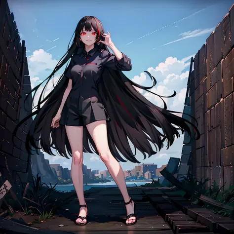 1girl, long black hair, bangs, red eyes, wearing plain black short sleeve shirt, wearing sandals, smiling, shorts, high res, ultrasharp, 8K, masterpiece, looking at viewer