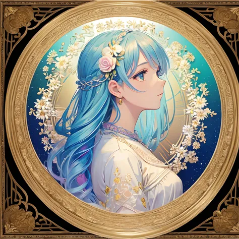 1 girl, masterpiece, top quality, beautiful and aesthetic: 1.2, fractal art: 1.3, jewels, detailed lace, detailed round frame, looking back, flowers, white, rainbow hair, beautiful girl fits in frame