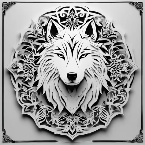 Wolf, Chinese paper-cutting art,black and white, print, super detailed