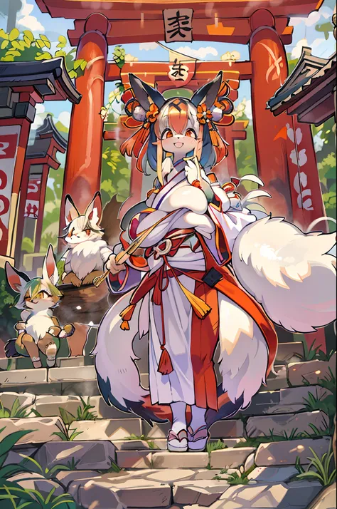 Fox Woman、body covered with fur、huge-breasted、kawaii、shrine maiden、Japan white clothes,Red Hakama、torii gate,summer day、From below、Wide Shot、A big smile、bbw、thick thight、big butts、Ultramammy,Chibi,Nanachi