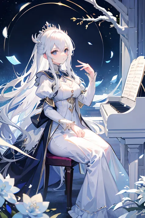 long  white hair，queen of ice，Play the piano，Royal Sister，evening formal robes