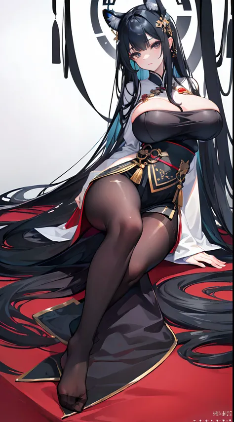 Solo，stand posture，(gigantic breasts:1.5)，Expression of trance，Long black hair，Black colored eyes，Black pantyhose，No shoes，Black Hanfu，Below the eyelids，Bottom-up view，royal palace interior，Feet on the white carpet