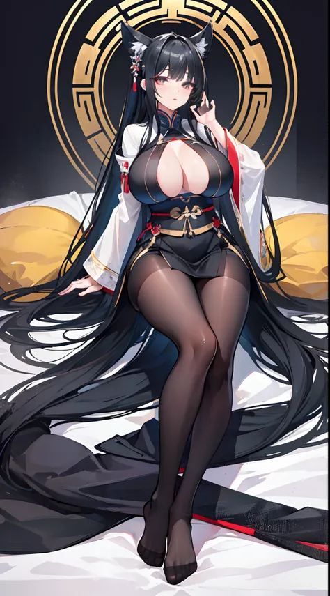 Solo，stand posture，(gigantic breasts:1.5)，Expression of trance，Long black hair，Black colored eyes，Black pantyhose，No shoes，Black Hanfu，Below the eyelids，Bottom-up view，royal palace interior，Feet on the white carpet