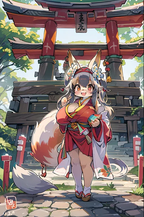 Fox Woman、body covered with fur、huge-breasted、kawaii、shrine maiden、Japan white clothes,Red Hakama、torii gate,summer day、From below、Wide Shot、A big smile、bbw、thick thight、big butts、Ultramammy,Chibi,Nanachi