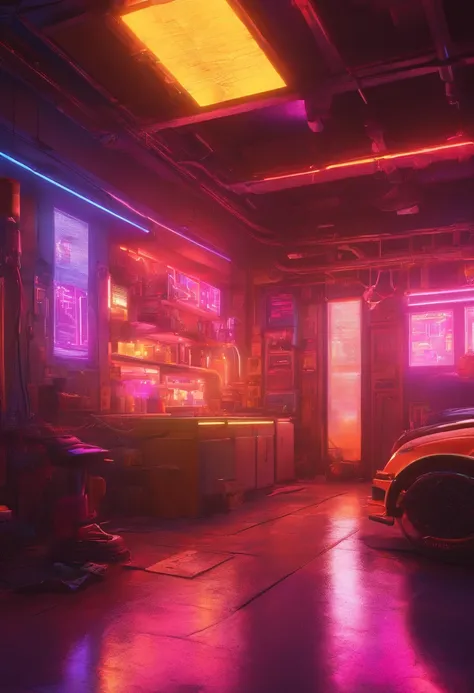 Futuristic city with neon lights and cars in a garage, cyberpunk garage on jupiter, Ambiente cyberpunk, Escenario ciberpunk futurista, Estilo de arte cyberpunk, aesthetic cyberpunk, cyberpunk themed art, vibraciones cyberpunk, cyberpunk setting, Ambiente c...